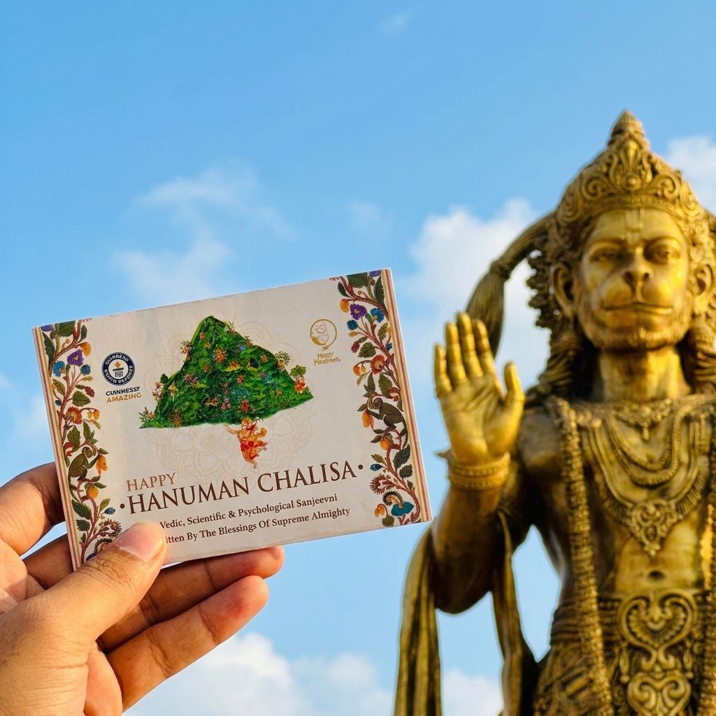 The pocket Hanuman Chalisa held up before a golden Hanuman ji murti