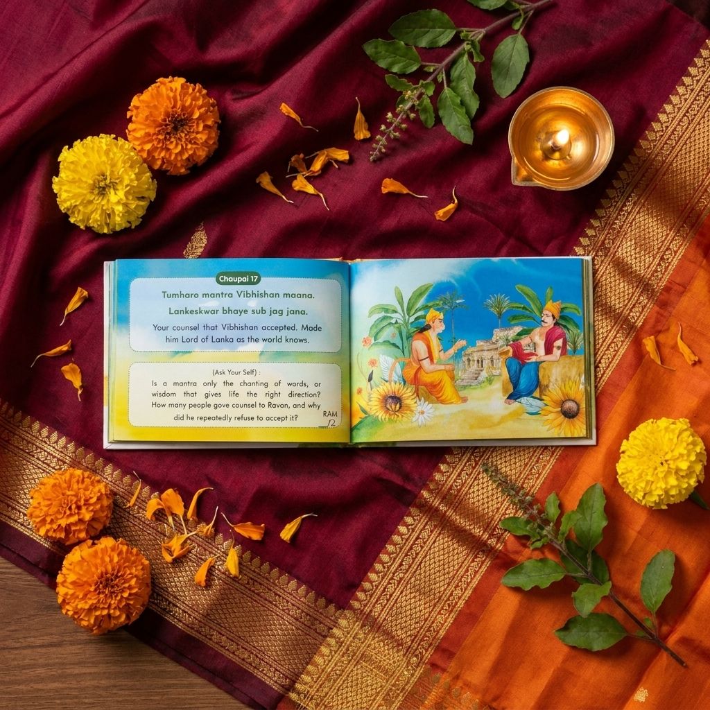 The open pocket Hanuman Chalisa on a silk cloth: a chaupai, its meaning and a painting