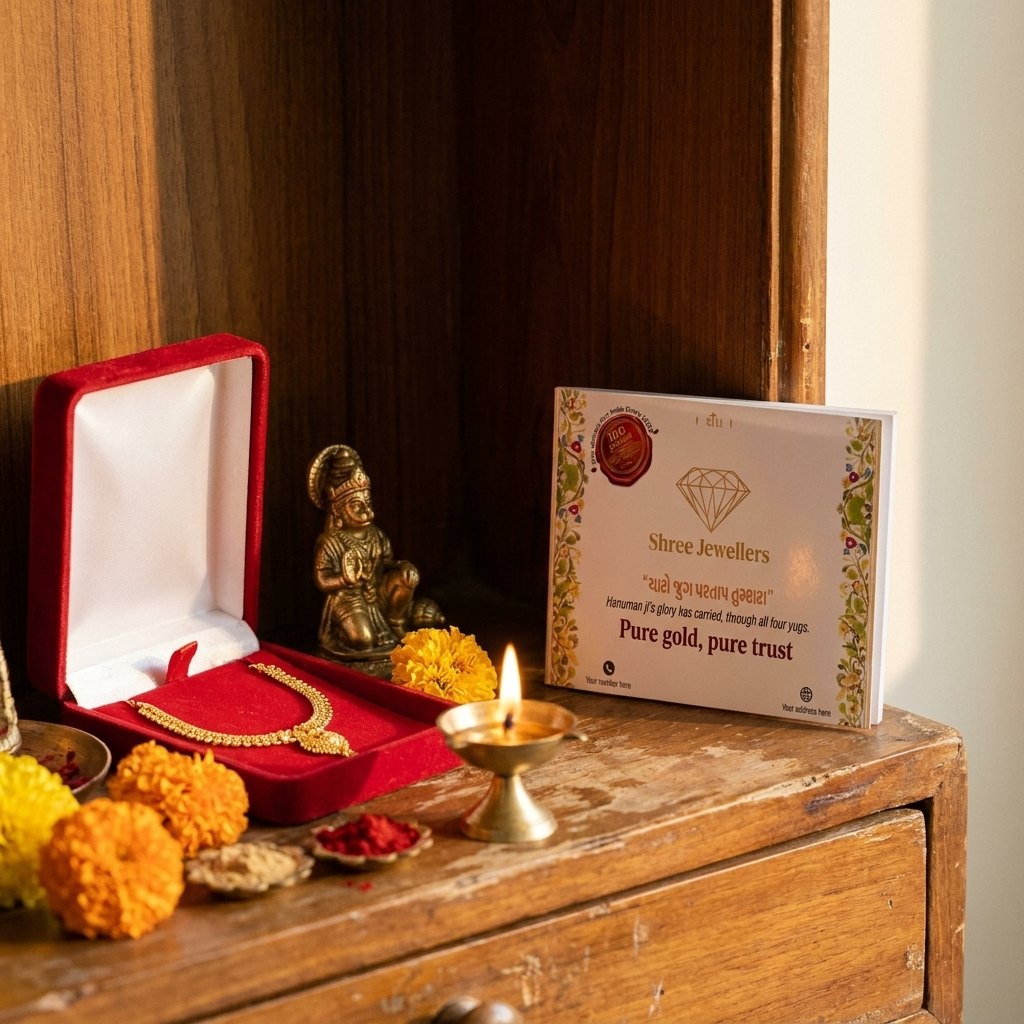 The pocket Hanuman Chalisa with the shop’s name kept beside the new jewellery in a home mandir