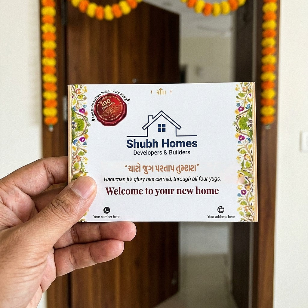 The back cover printed with a house logo, the name Shubh Homes, Developers and Builders, and the line Welcome to your new home