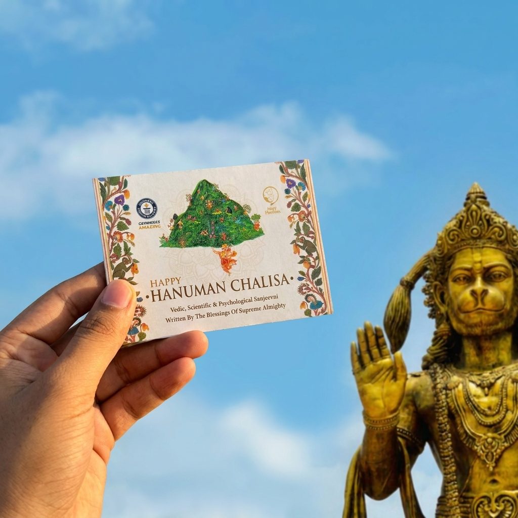 The gold-foil front cover of the pocket Hanuman Chalisa, held up against a blue sky