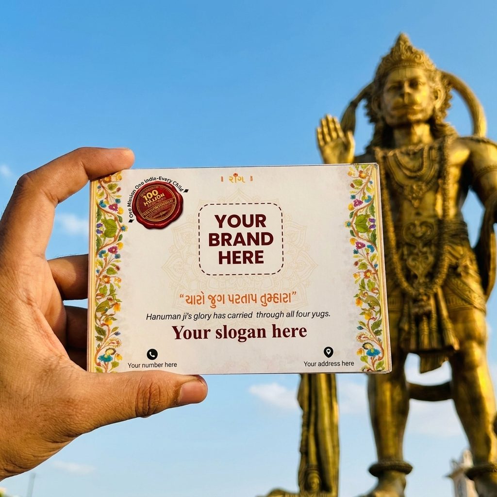 The back cover with space for your brand, slogan, number and address, held up before a golden Hanuman ji murti