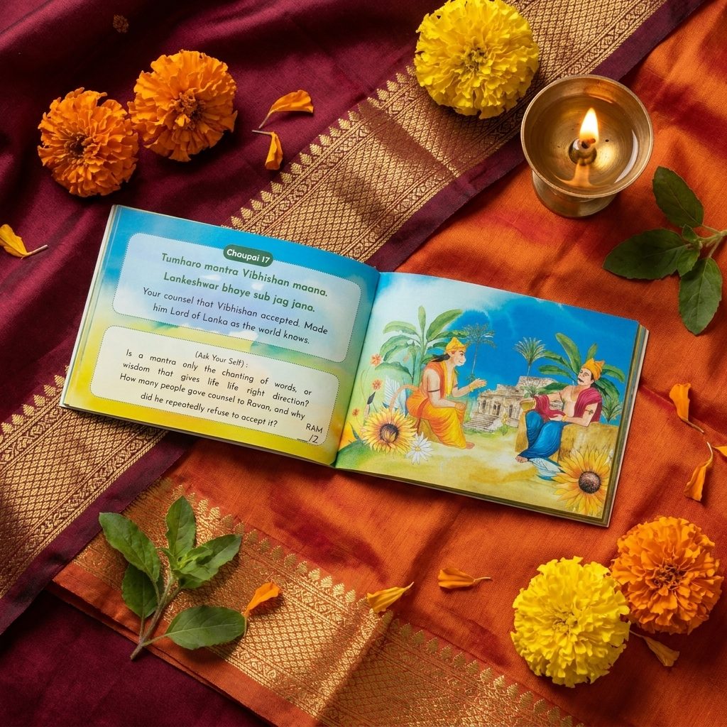 Inside: a chaupai with its meaning, an Ask yourself question and a painting