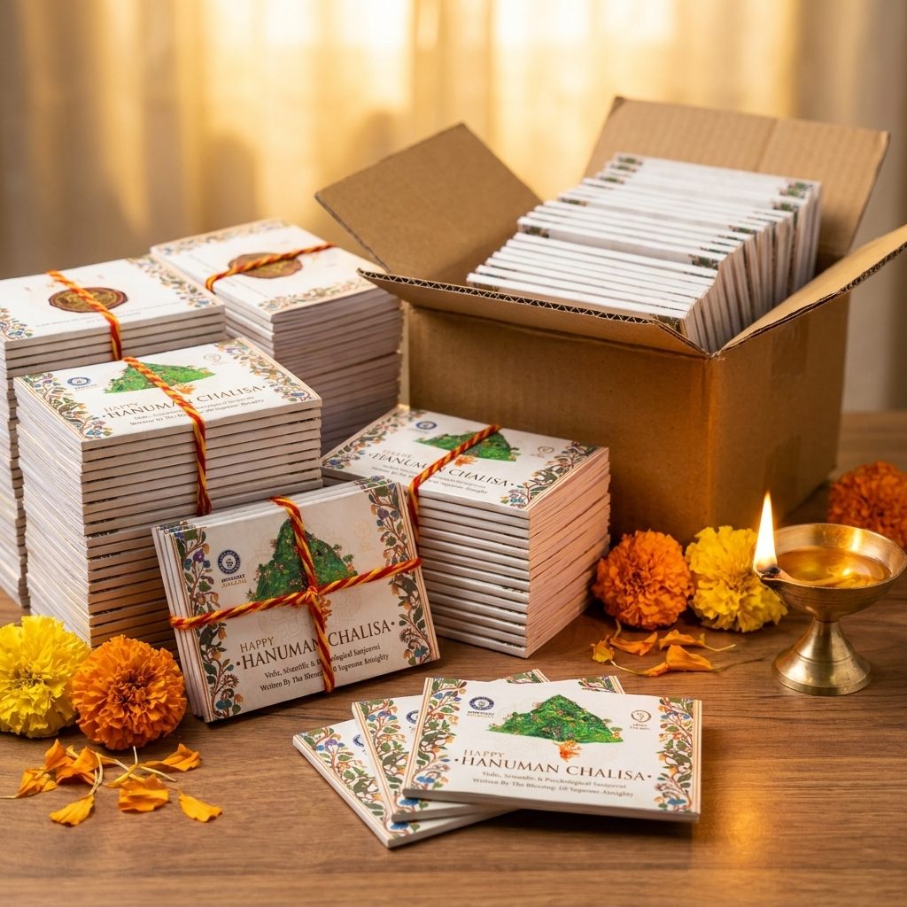 Stacks of pocket Hanuman Chalisas tied with mauli thread, packed in a carton