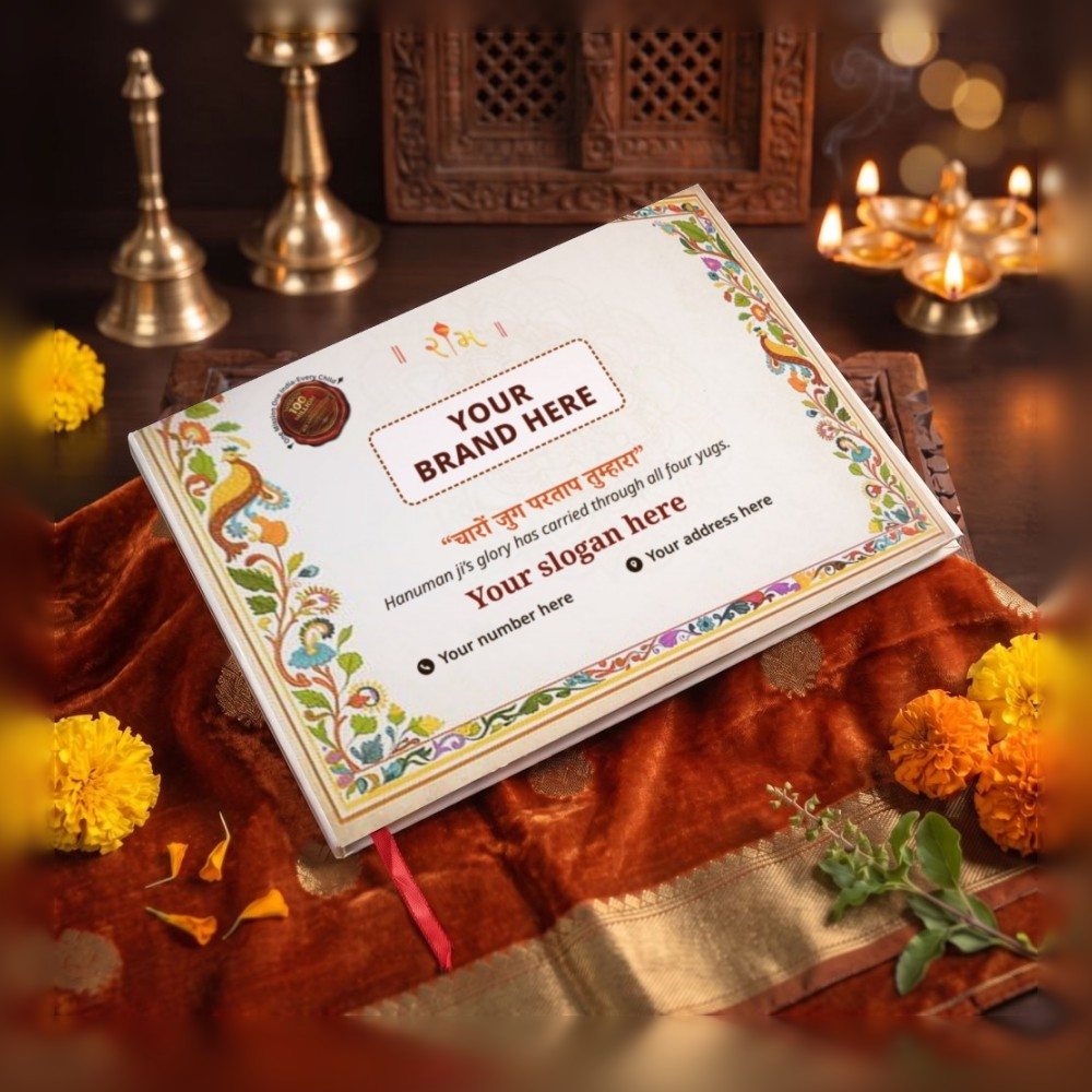 The A4 Happy Hanuman Therapy Book on puja silk, its back cover showing space for your brand, slogan, number and address