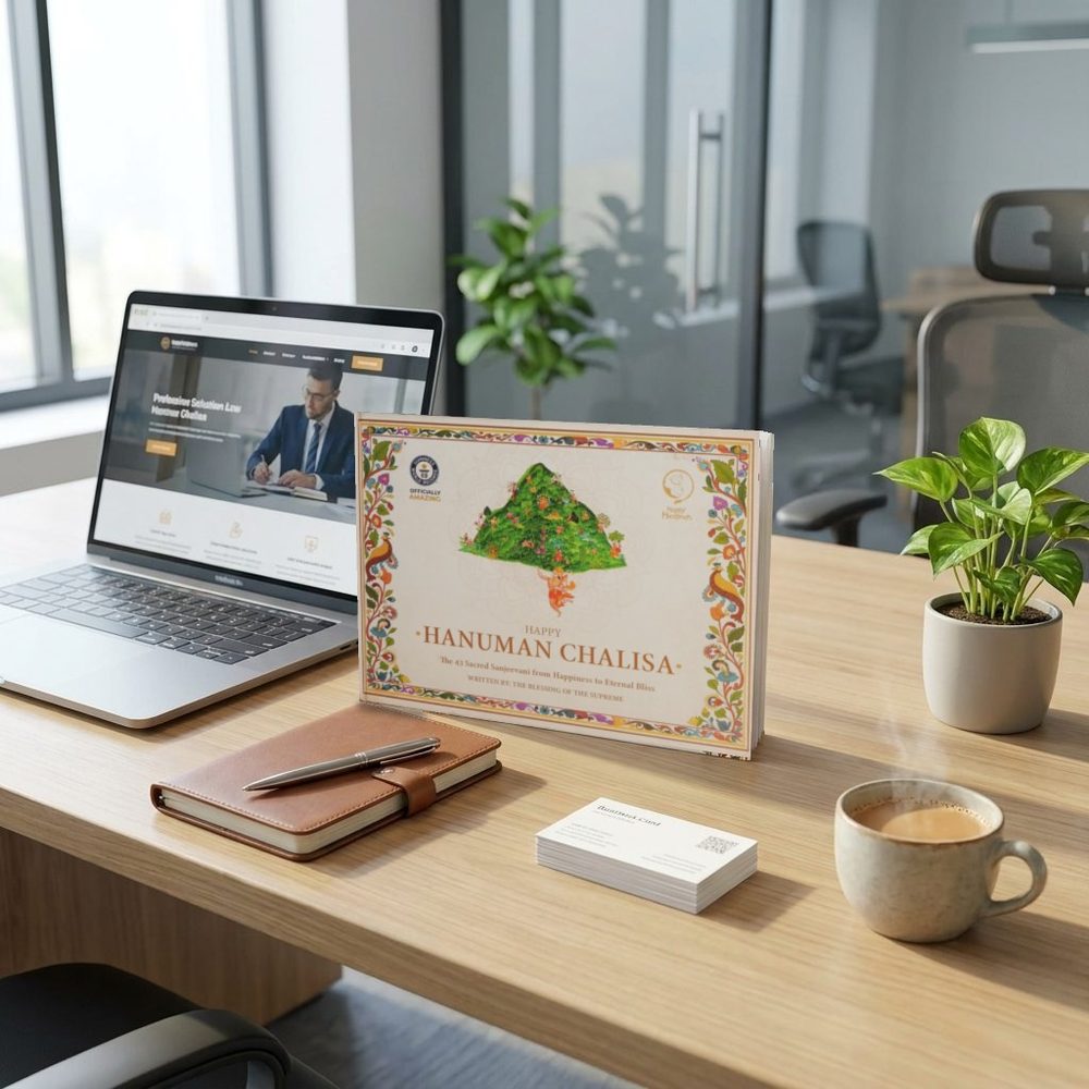 The A4 Happy Hanuman Therapy Book standing on an office desk beside a laptop