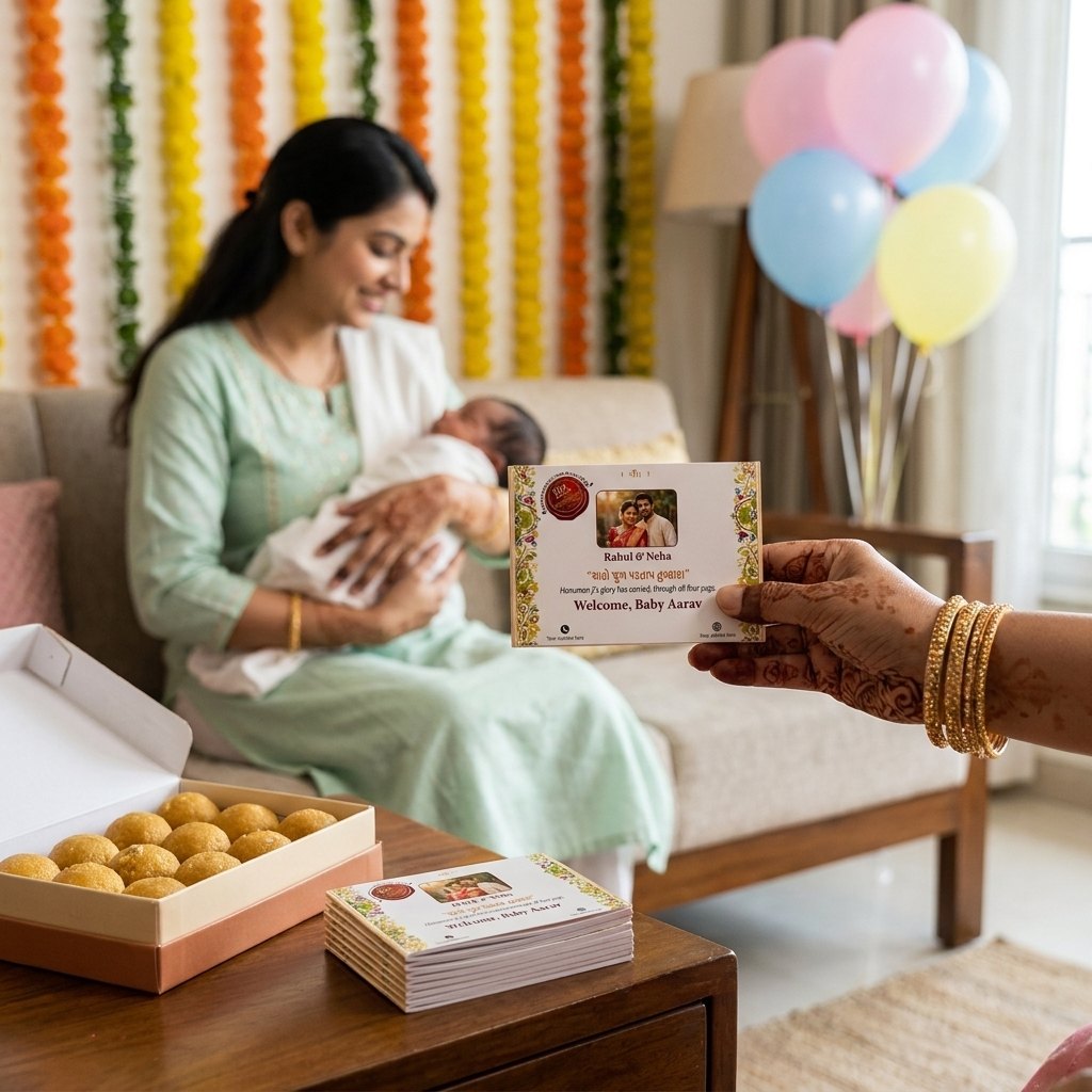At home, a pocket Hanuman Chalisa with the parents’ photo handed out with laddoos, the mother holding the newborn behind