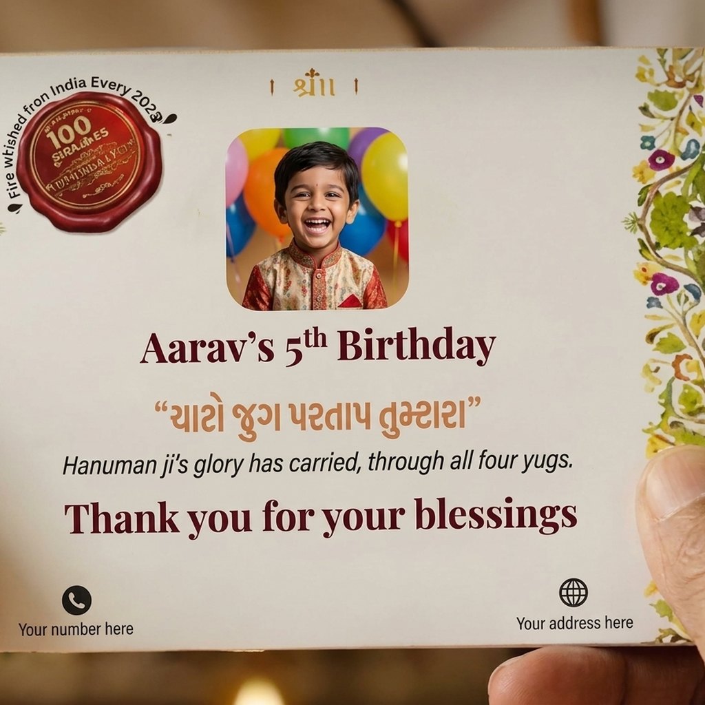 The back cover printed with a birthday boy’s photo, the words Aarav’s 5th Birthday and the line Thank you for your blessings