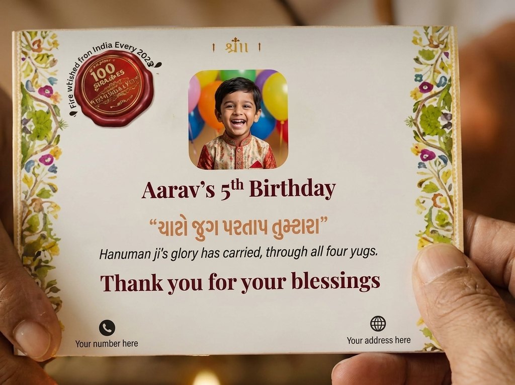The pocket Hanuman Chalisa with a birthday boy’s photo and the words Aarav’s 5th Birthday on the back