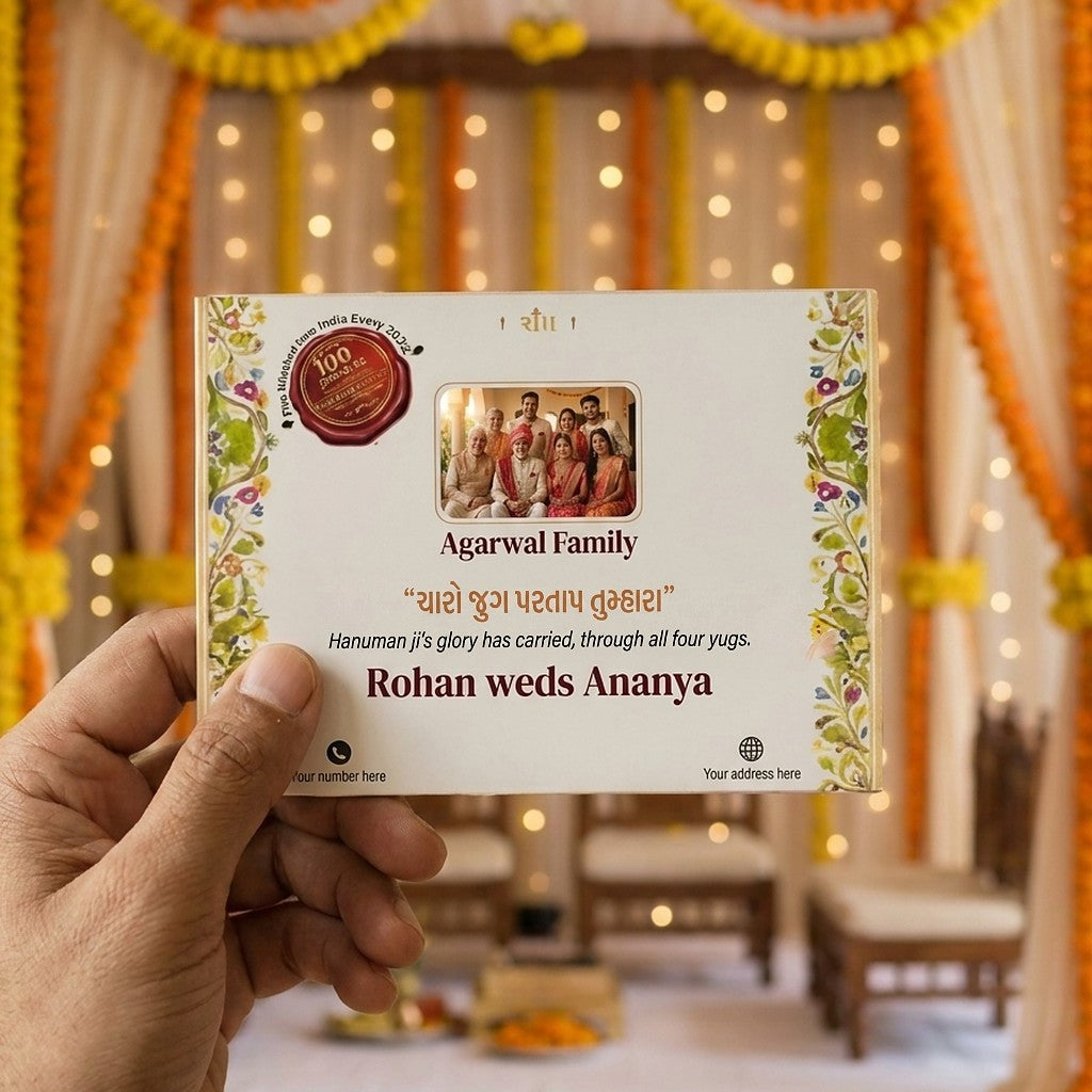 The back cover printed with a family photo, the words Agarwal Family and the line Rohan weds Ananya