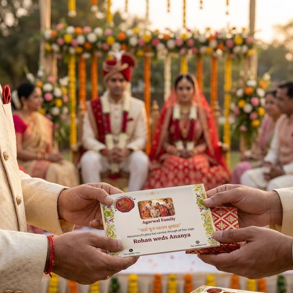 At a wedding, the host handing a guest the pocket Hanuman Chalisa with the family’s photo, the bride and groom behind