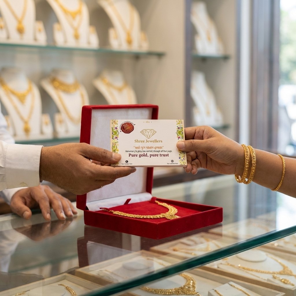 A jeweller handing a customer a gold necklace in a red box together with the pocket Hanuman Chalisa