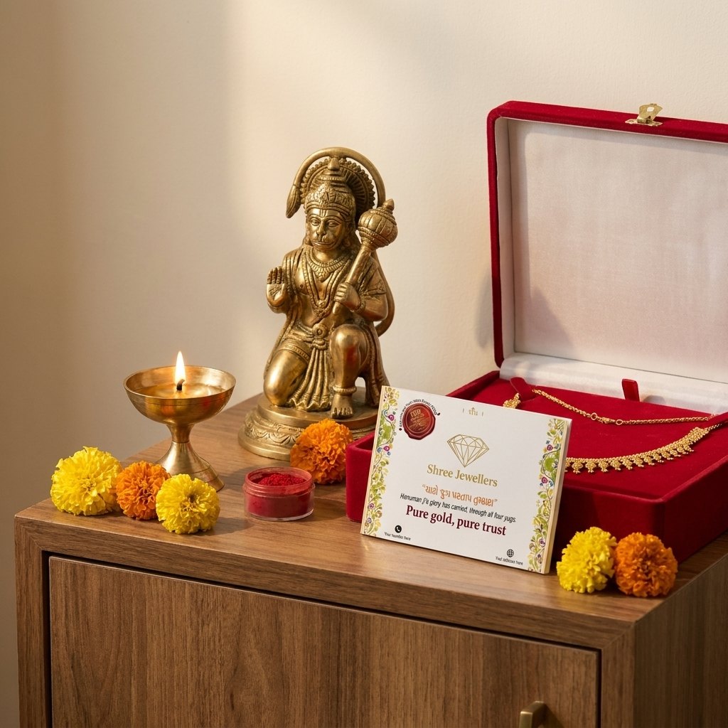 The new necklace and the pocket Hanuman Chalisa with the shop’s name kept in the home mandir