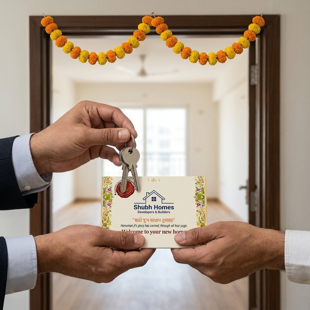 A developer handing a new home buyer the house keys together with the pocket Hanuman Chalisa