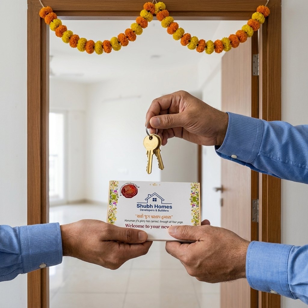 A developer handing over new house keys together with the pocket Hanuman Chalisa