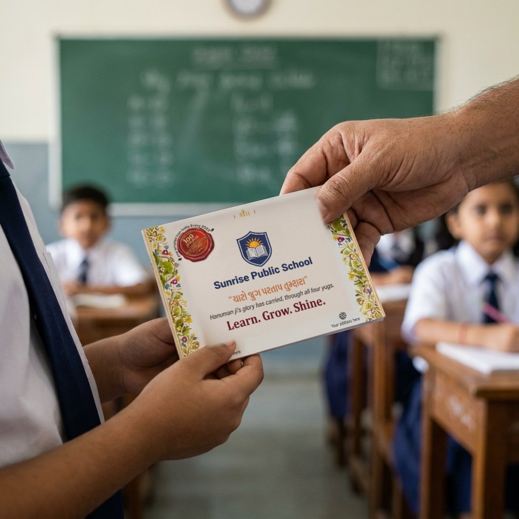 In a classroom, a teacher handing a student in uniform the pocket Hanuman Chalisa with the school’s name