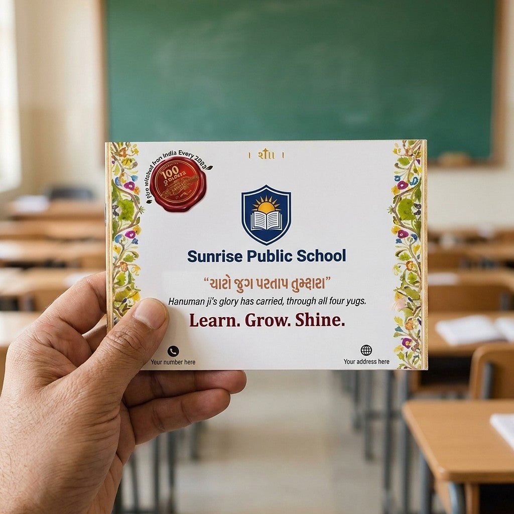 The back cover printed with a school crest, the name Sunrise Public School and the line Learn. Grow. Shine.